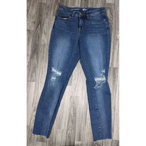 Style & Co Size 4 Curvy Skinny‎ Leg Fringe Hem Distressed Denim Blue Jeans